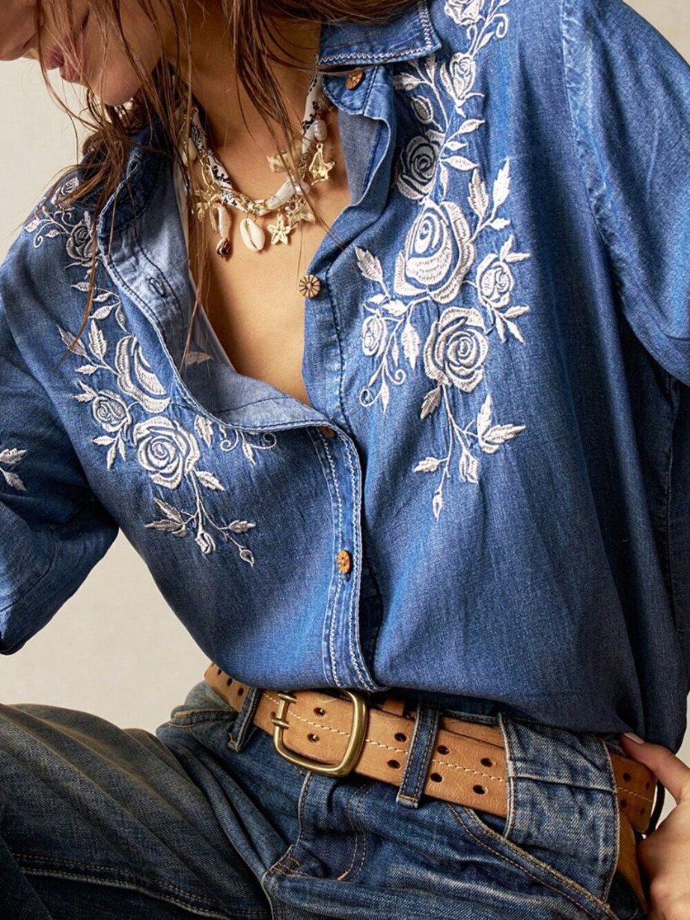 Blue Boho Women's Denim Embroidered Long Sleeve Shirt - Picture 4 of 6